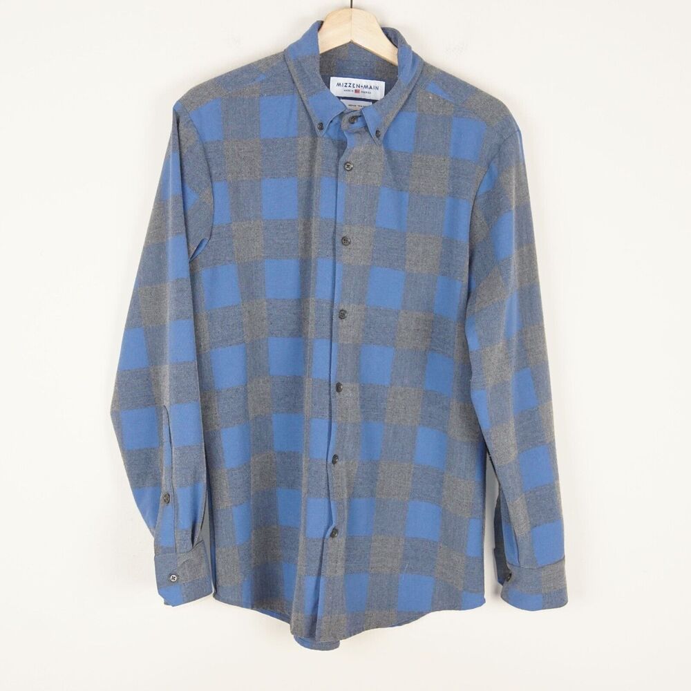 Mizzen + Main Gray Blue Plaid Flannel Long Sleeve Button Down Trim Fit Shirt M